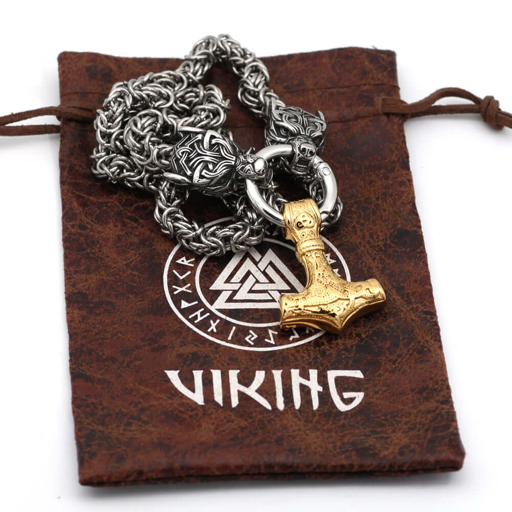 Braided King Chain With Wolf Heads & Gold Mjolnir Pendant