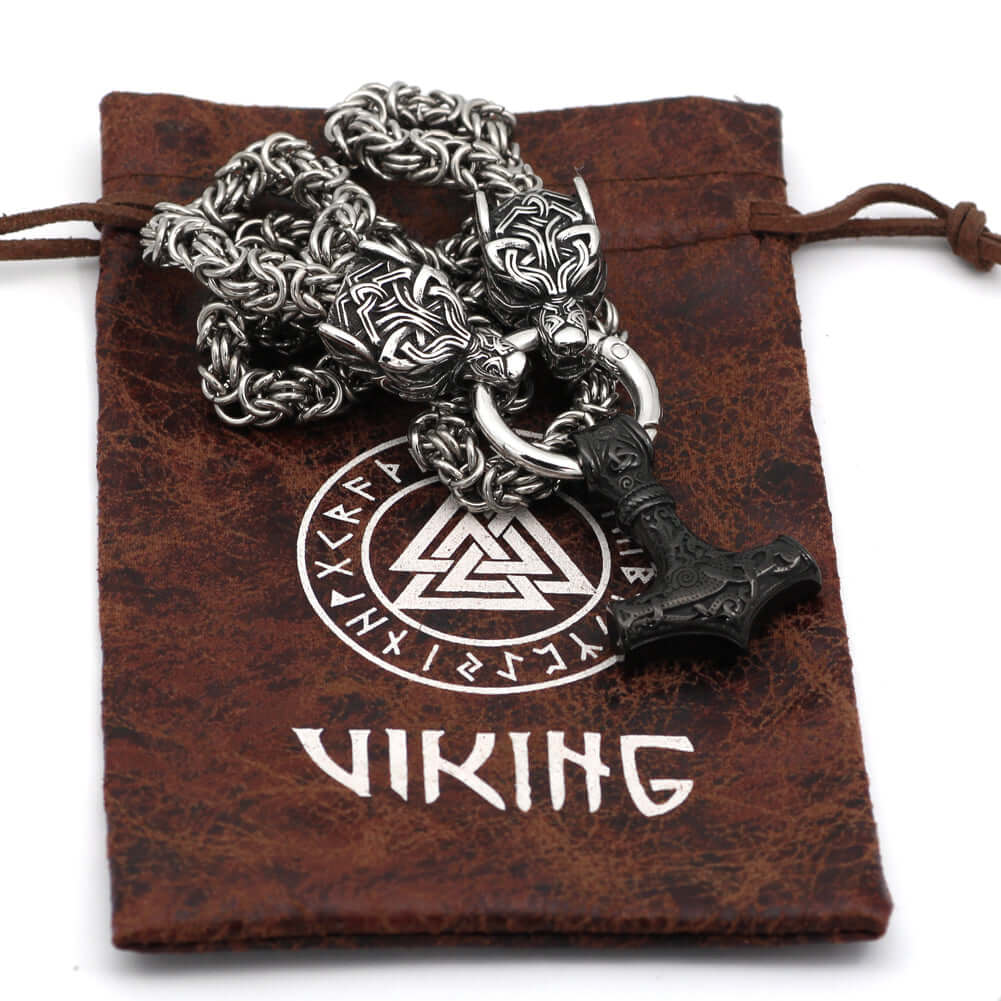Braided King Chain With Wolf Heads &  Mjolnir Pendant