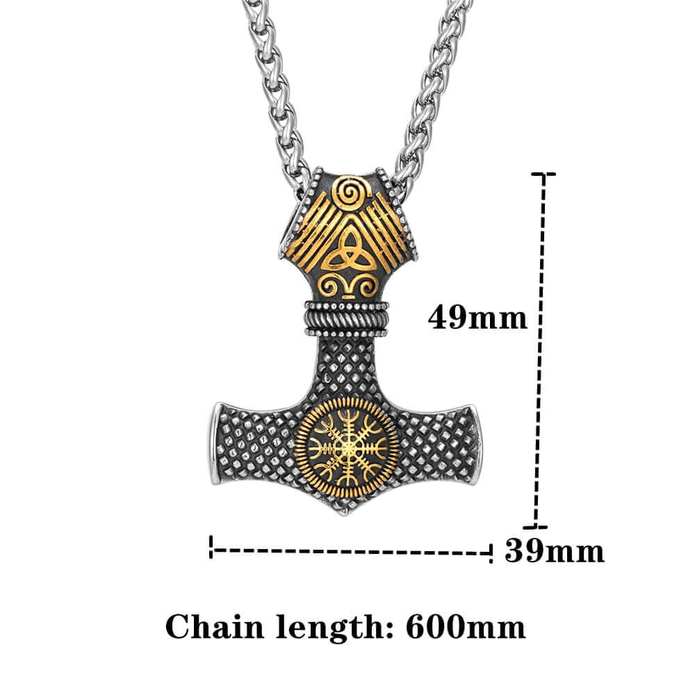 Gold and Silver Mjolnir Pendant With Helm Of Awe Necklace