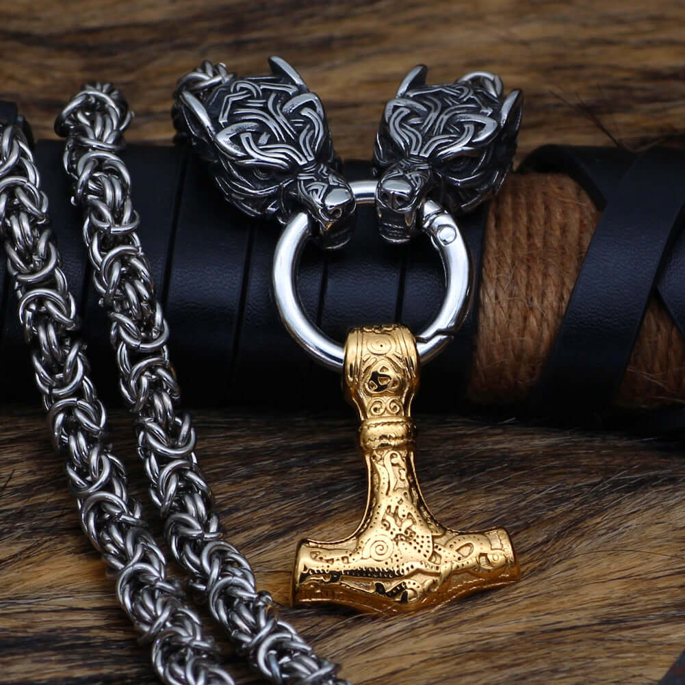 Braided King Chain With Wolf Heads & Gold Mjolnir Pendant