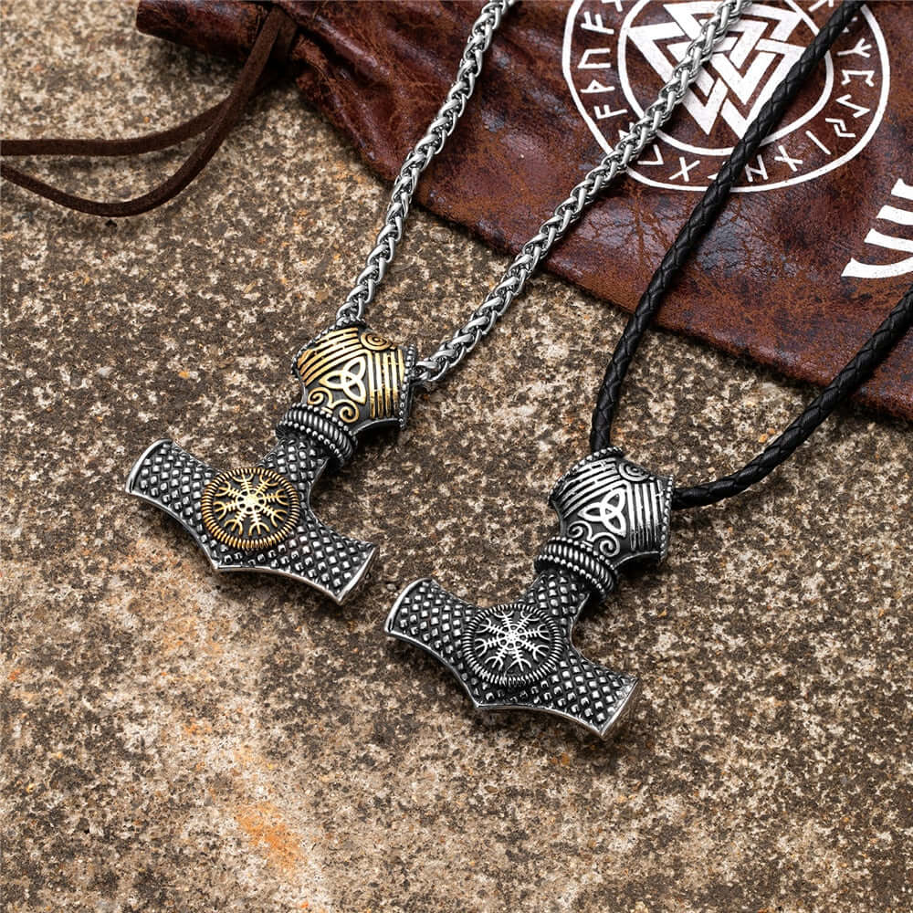 Gold and Silver Mjolnir Pendant With Helm Of Awe Necklace