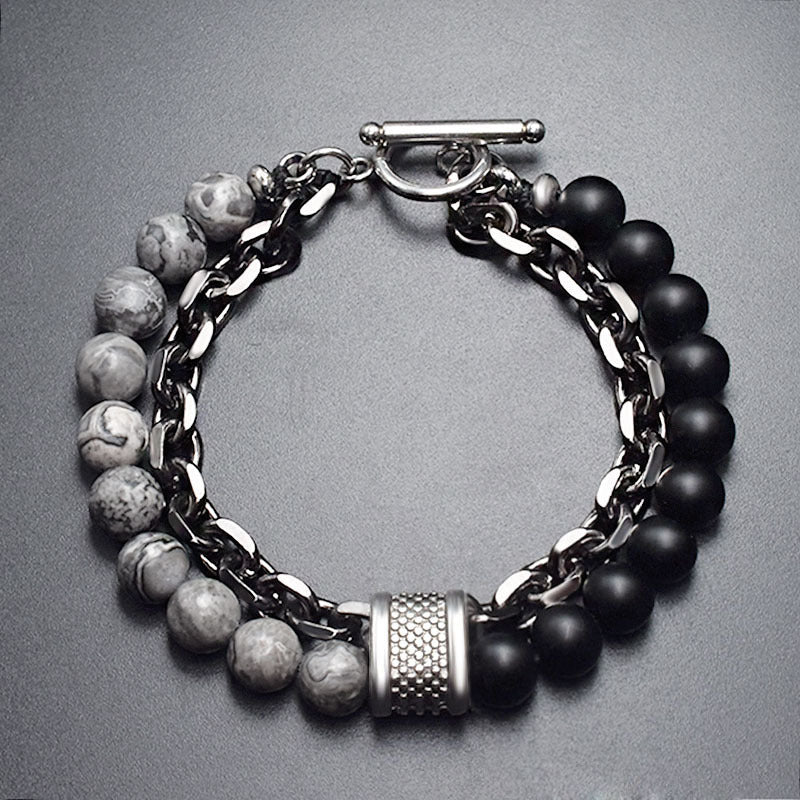 Men's Double Chain Link Stone Bracelet