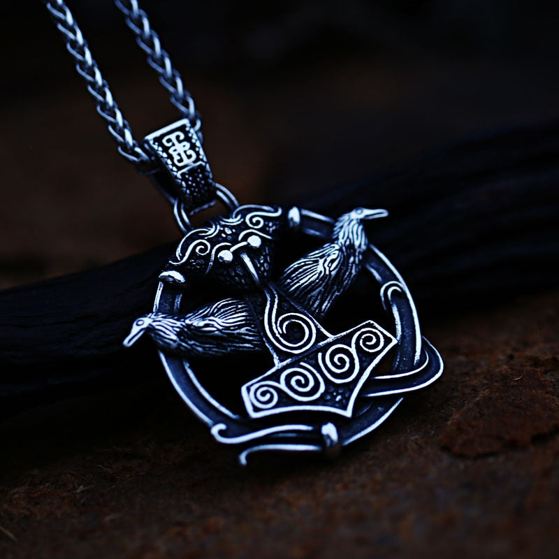 Thor's Hammer Pendant With Odin's Ravens Necklace