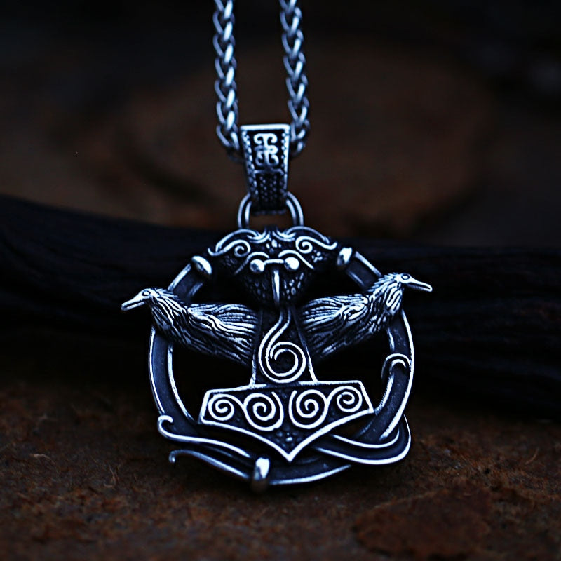 Thor's Hammer Pendant With Odin's Ravens Necklace