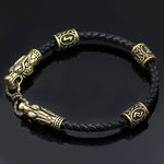 Nordic Viking Leather Bracelet With Dragon Heads