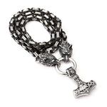 Black King Chain With Wolf Heads & Mjolnir Pendant