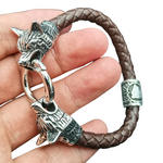 Wolf Heads With Valknut Bead Leather Bracelet