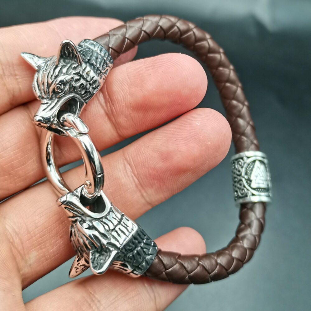 Wolf Heads With Valknut Bead Leather Bracelet