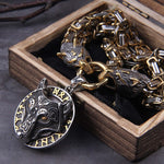 Gold Trimmed King Chain With Wolf Heads & Fenrir Pendant
