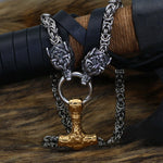 Braided King Chain With Wolf Heads & Gold Mjolnir Pendant