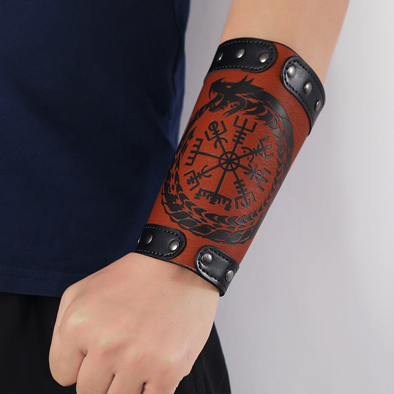 Jormungandr Viking Compass Leather Wristband