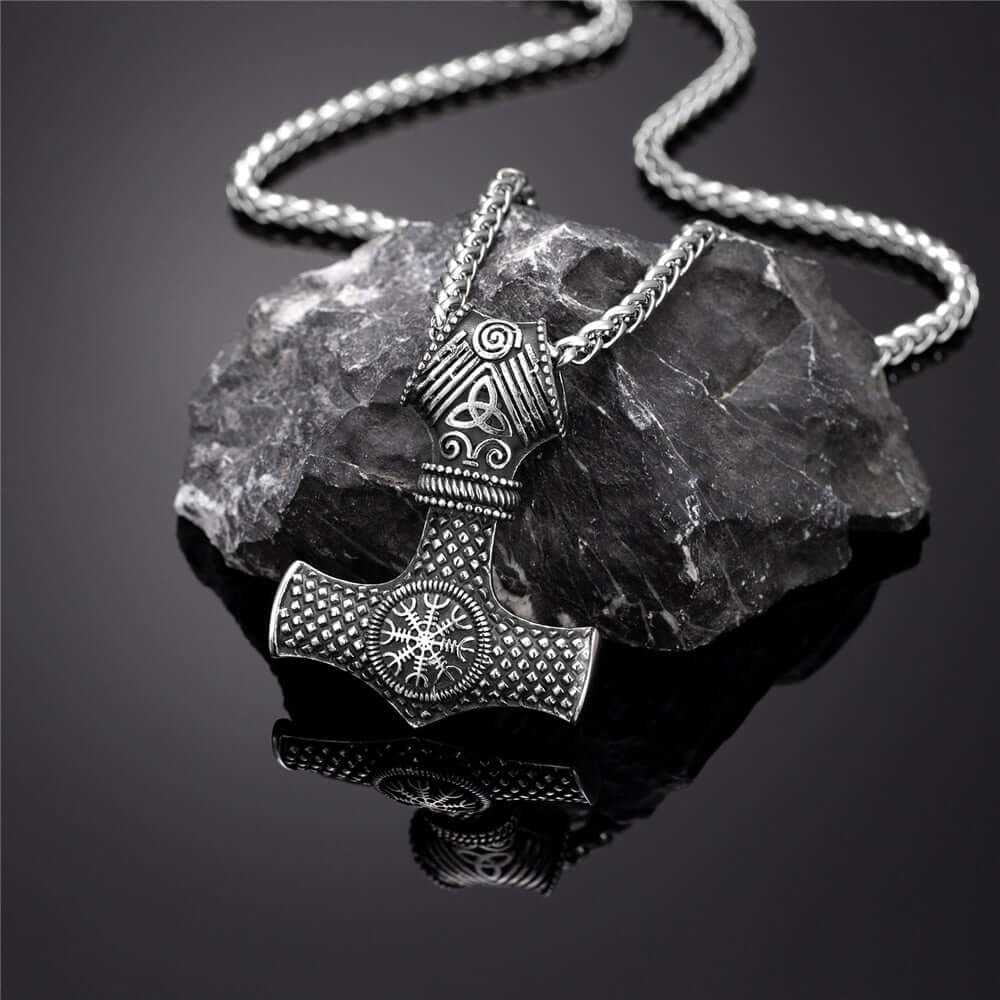 Gold and Silver Mjolnir Pendant With Helm Of Awe Necklace