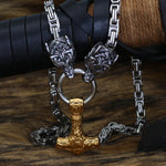 King Chain With Wolf Heads & Gold Mjolnir Pendant