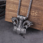 Thor's Hammer With Dragon Heads Pendant Necklace