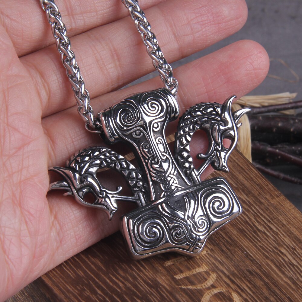 Thor's Hammer With Dragon Heads Pendant Necklace