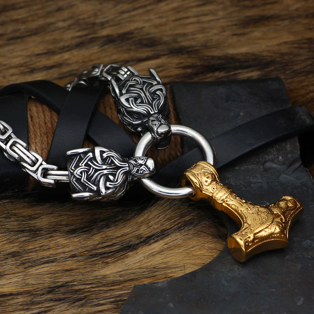 King Chain With Wolf Heads & Gold Mjolnir Pendant