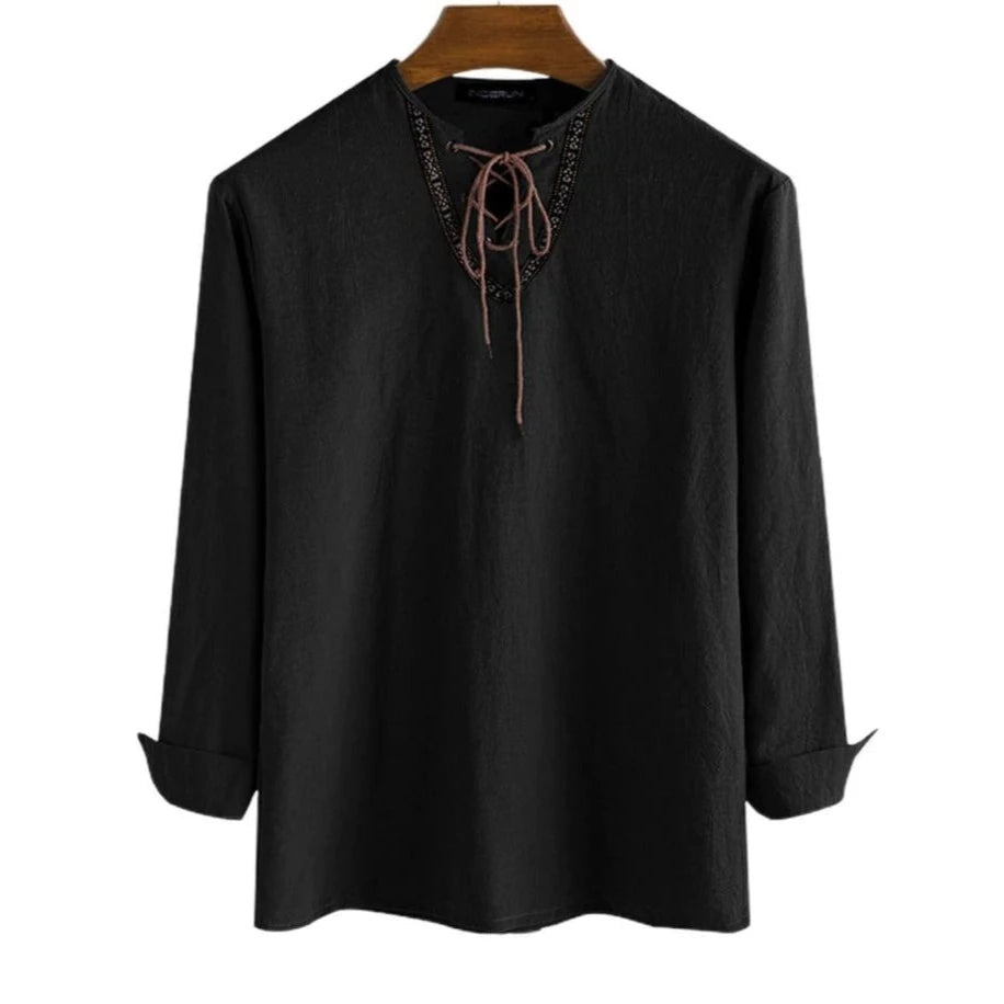 Medieval Lace-Up V-Neck Viking Long Sleeve Shirt