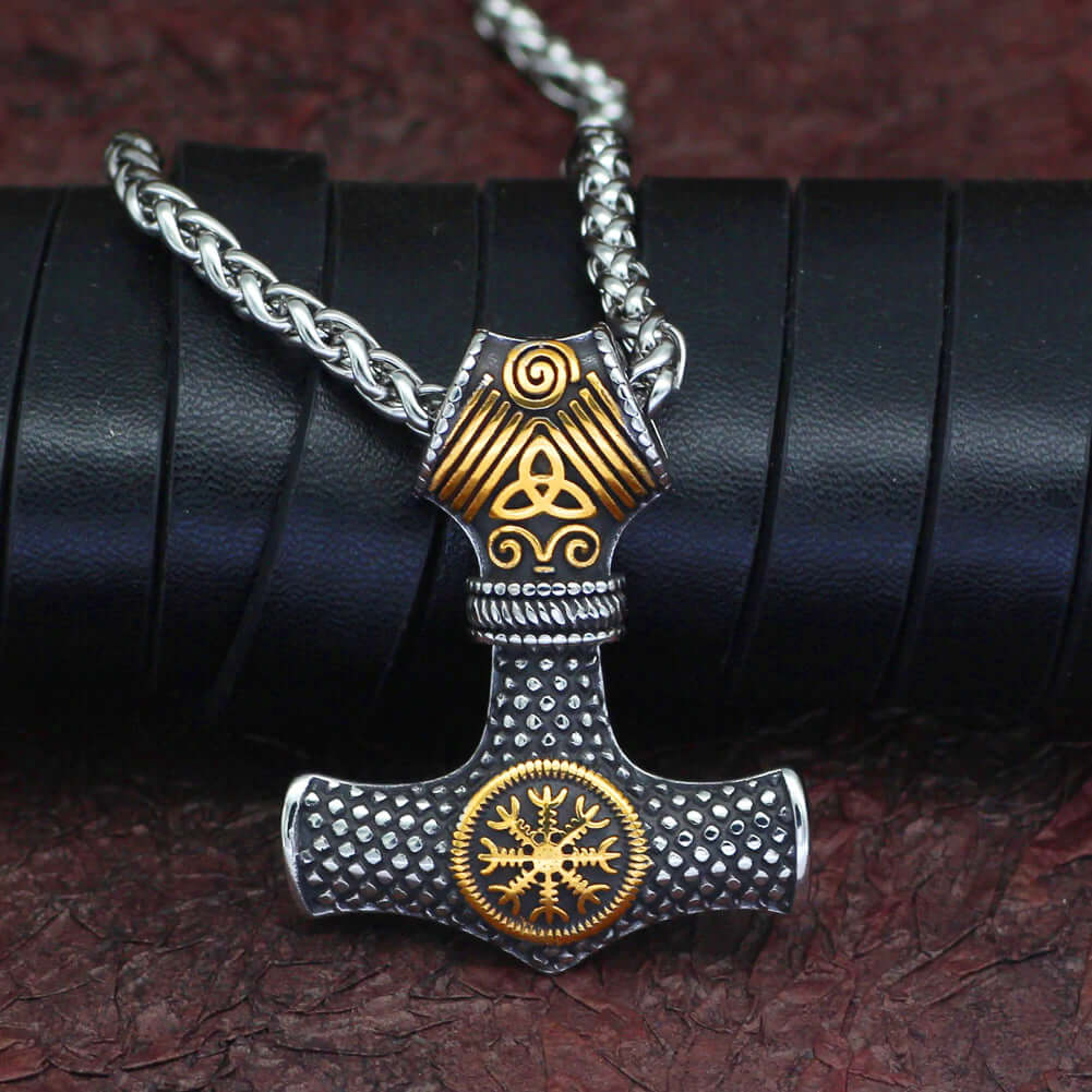 Gold and Silver Mjolnir Pendant With Helm Of Awe Necklace