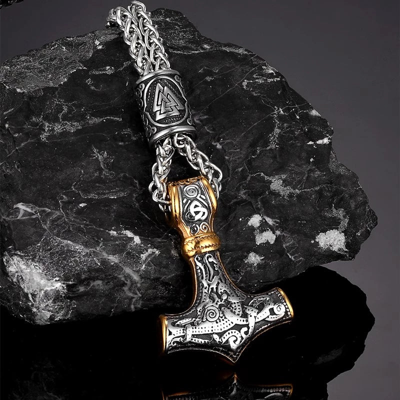 Thor's Hammer Mjolnir Viking Necklace With Valknut Bead