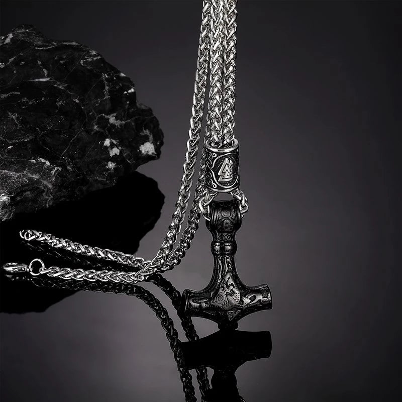 Thor's Hammer Mjolnir Viking Necklace With Valknut Bead