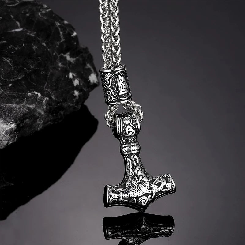 Thor's Hammer Mjolnir Viking Necklace With Valknut Bead