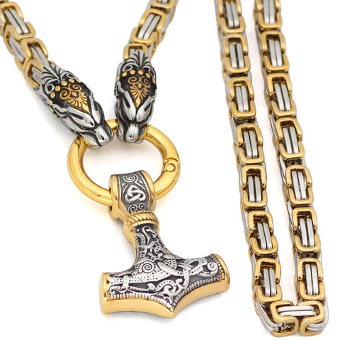 Gold Trimmed King Chain With Tiger Heads & Mjolnir Pendant