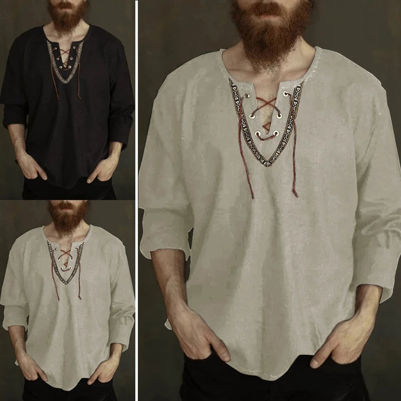 Medieval Lace-Up V-Neck Viking Long Sleeve Shirt