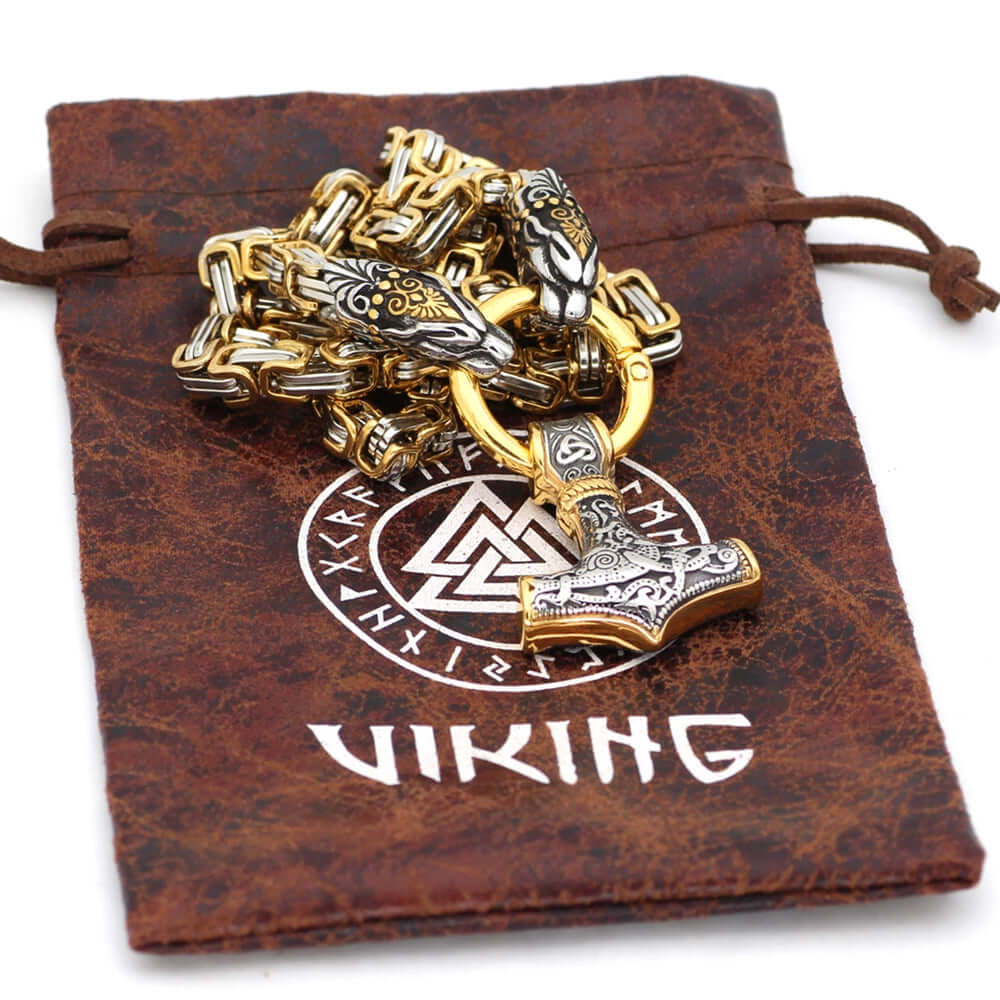 Gold Trimmed King Chain With Tiger Heads & Mjolnir Pendant