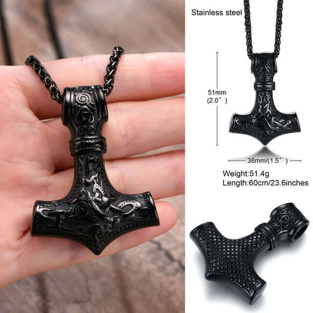Black Mjolnir Necklace With Steel Chain