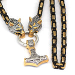 Gold And Black Trimmed King Chain With Wolf Heads & Mjolnir Pendant