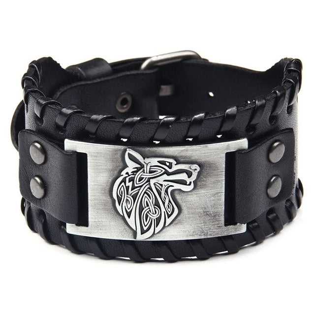 Nordic Wolf Head Leather Bracelet
