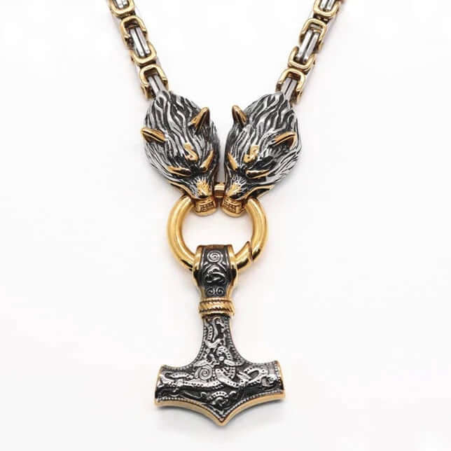 Gold Trimmed King Chain With Wolf Heads & Mjolnir Pendant