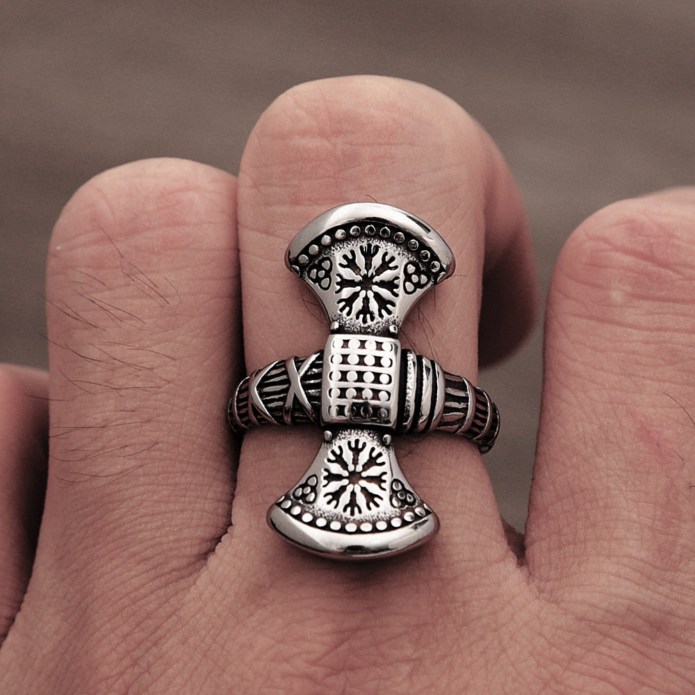 Viking Axe Ring With Helm Of Awe Symbol