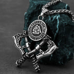 VIKING NECKLACE WITH DOUBLE AXE, VALKNUT & NORDIC RUNE AMULET PENDANT