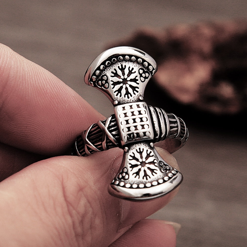 Viking Axe Ring With Helm Of Awe Symbol