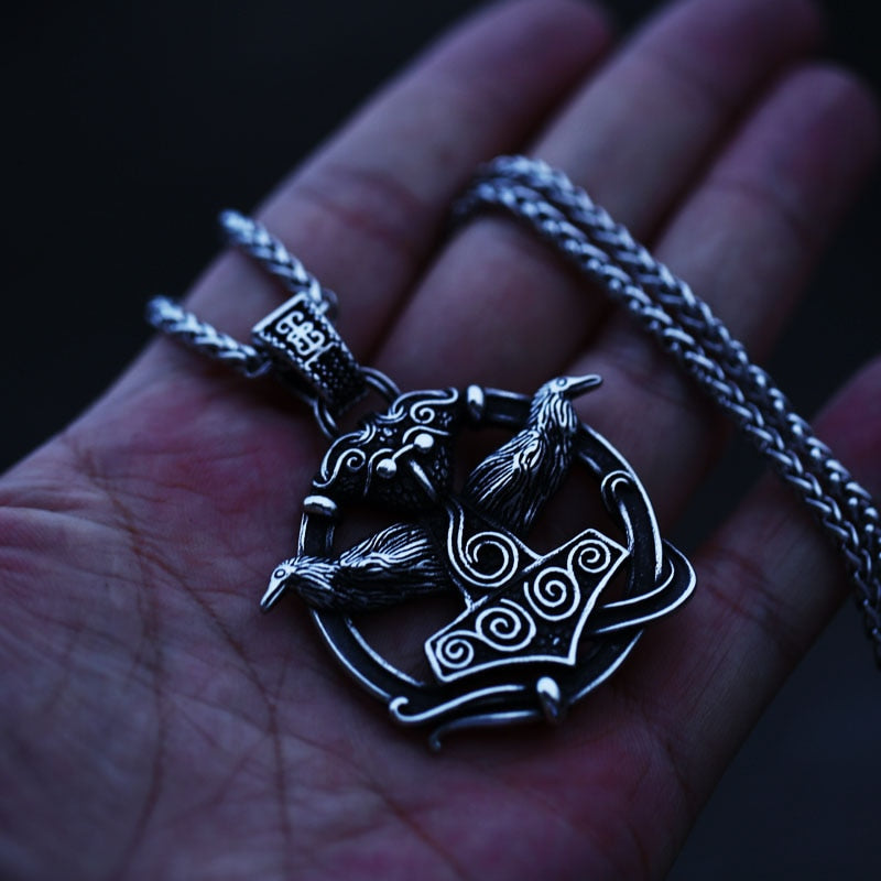 Thor's Hammer Pendant With Odin's Ravens Necklace