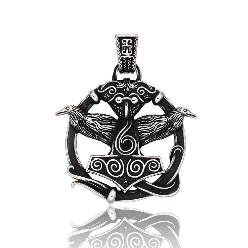 Thor's Hammer Pendant With Odin's Ravens Necklace