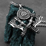 VIKING NECKLACE WITH DOUBLE AXE, VALKNUT & NORDIC RUNE AMULET PENDANT