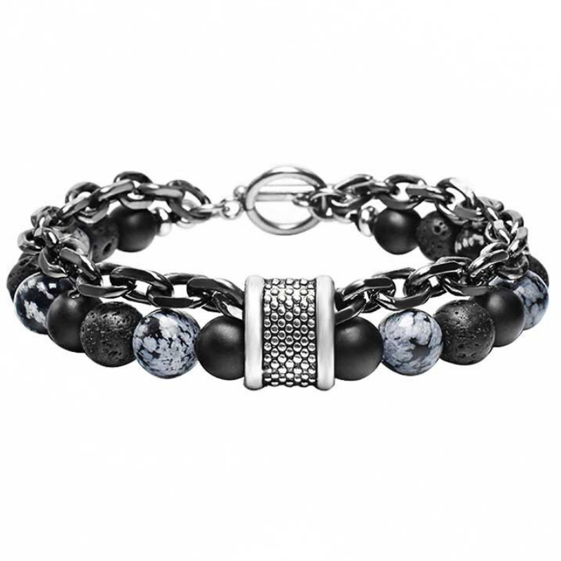 Men's Double Chain Link Stone Bracelet