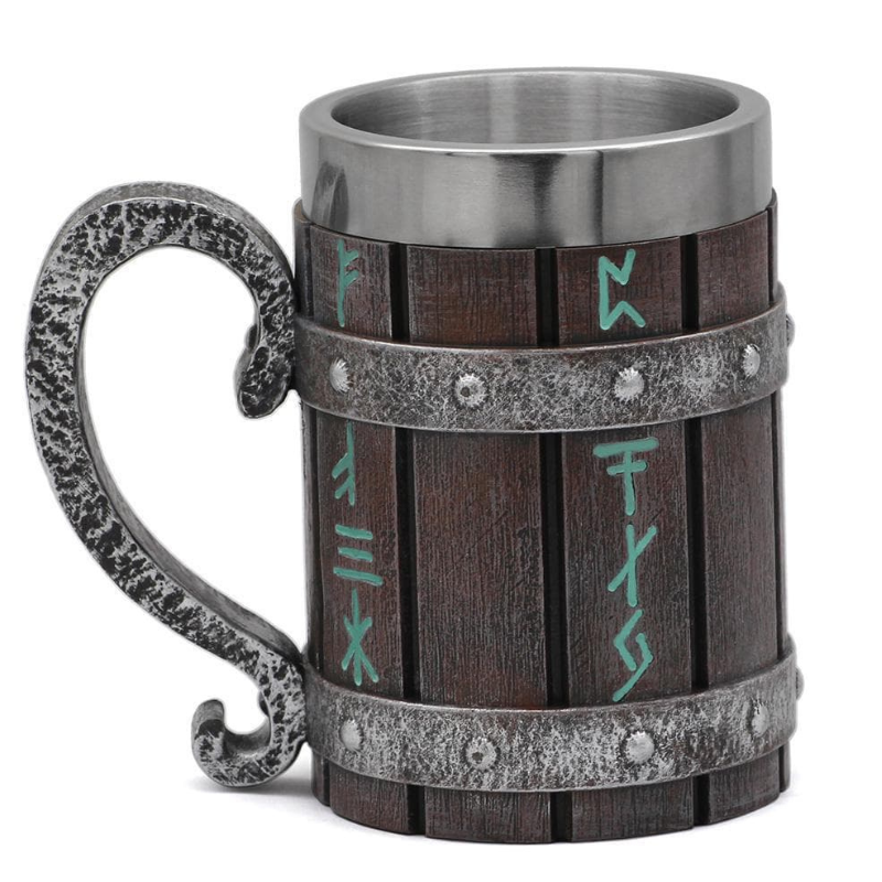 VIKING RUNES 'WOODEN' 600ML STAINLESS STEEL TANKARD MUG