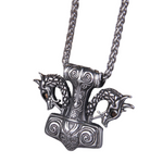 Thor's Hammer With Dragon Heads Pendant Necklace