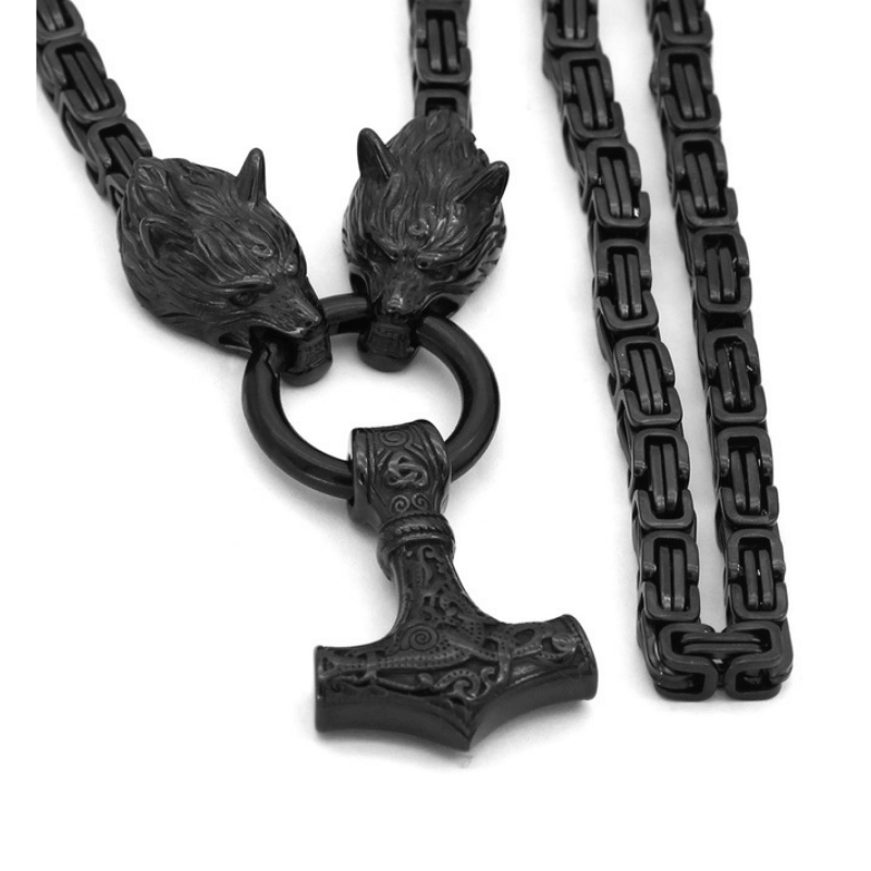 Black King Chain With Wolf Heads & Mjolnir Pendant