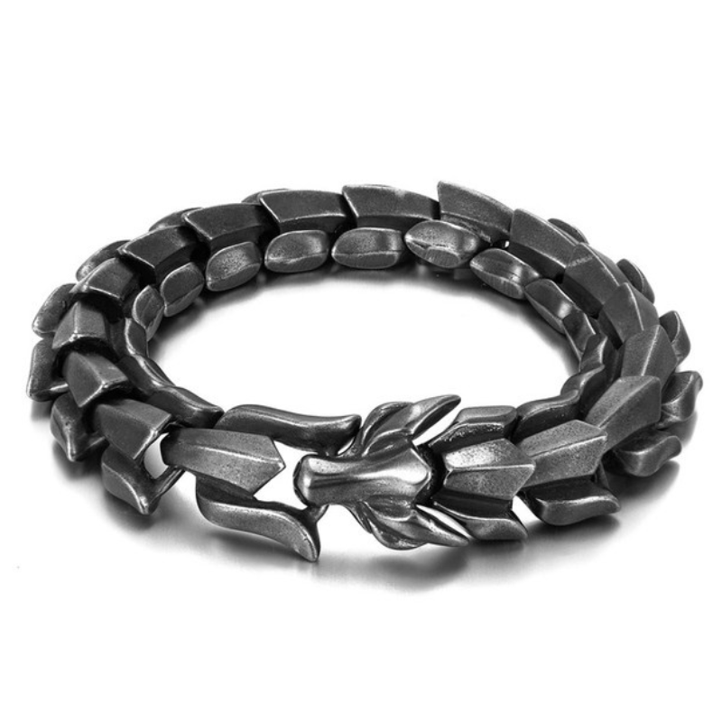  Viking Dragon Stainless Steel Bracelet for Men - Silver Color  Ouroboros or Jormungandr Dragon Jewelry - Norse, Asian or Japanese Style  Metal Bracelet for Men, Bikers, Viking and Dragon Lovers: Clothing