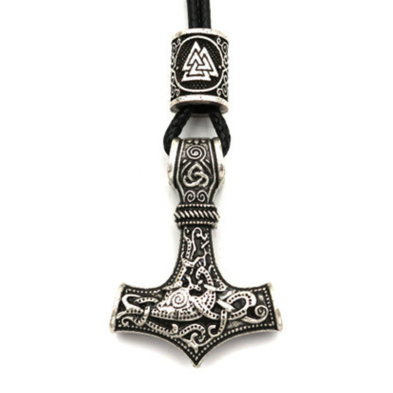 Thor's Hammer Mjolnir Viking Necklace With Valknut Bead