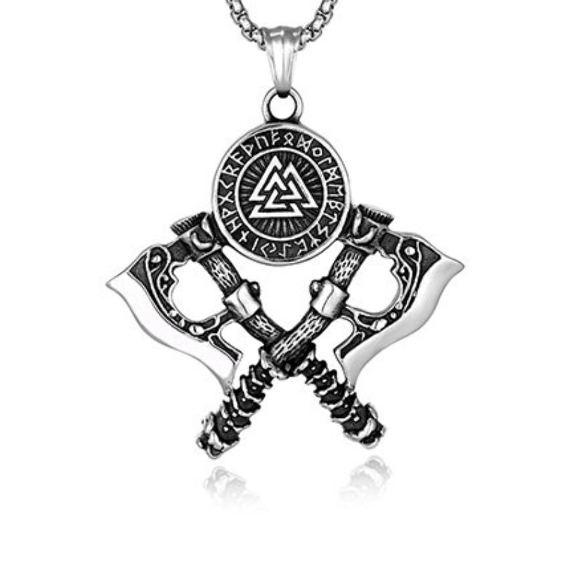 VIKING NECKLACE WITH DOUBLE AXE, VALKNUT & NORDIC RUNE AMULET PENDANT