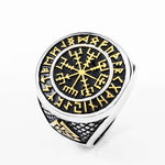 Gold Trimmed Viking Compass Vegvisir Ring With Runes