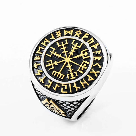 Gold Trimmed Viking Compass Vegvisir Ring With Runes