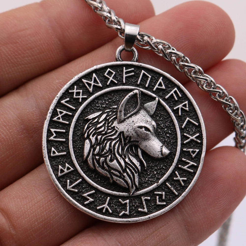 Norse Wolf Runes Pendant Necklace