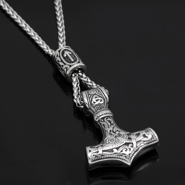 Thor's Hammer Mjolnir Viking Necklace With Rune Bead