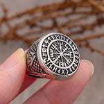 Gold Trimmed Viking Compass Vegvisir Ring With Runes